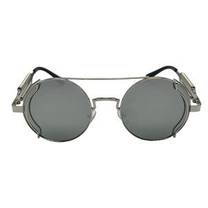 7009 | Silver Mirror Round Steampunk Sunglasses with Spring Accents